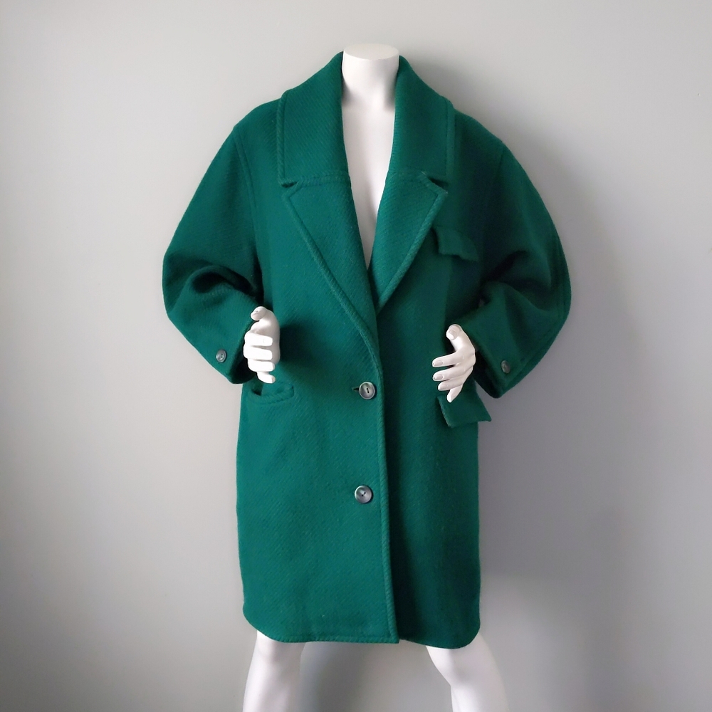 Rare! Vintage Italy Archival Emerald Green Textured Wool Oversized Coat S - Picture 2 of 9